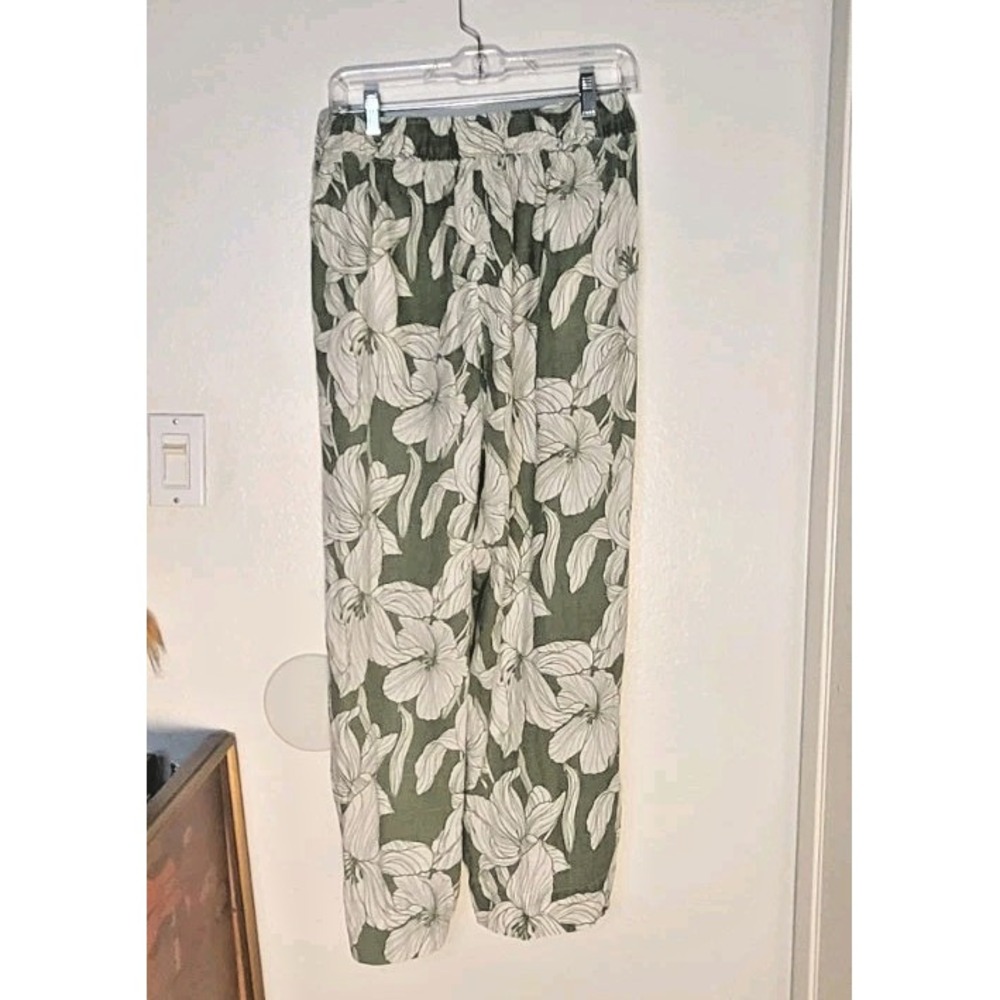 Tahari Women's 100% Linen Pull-On Elastic Waist Wide Leg Crop Pant Green Size L